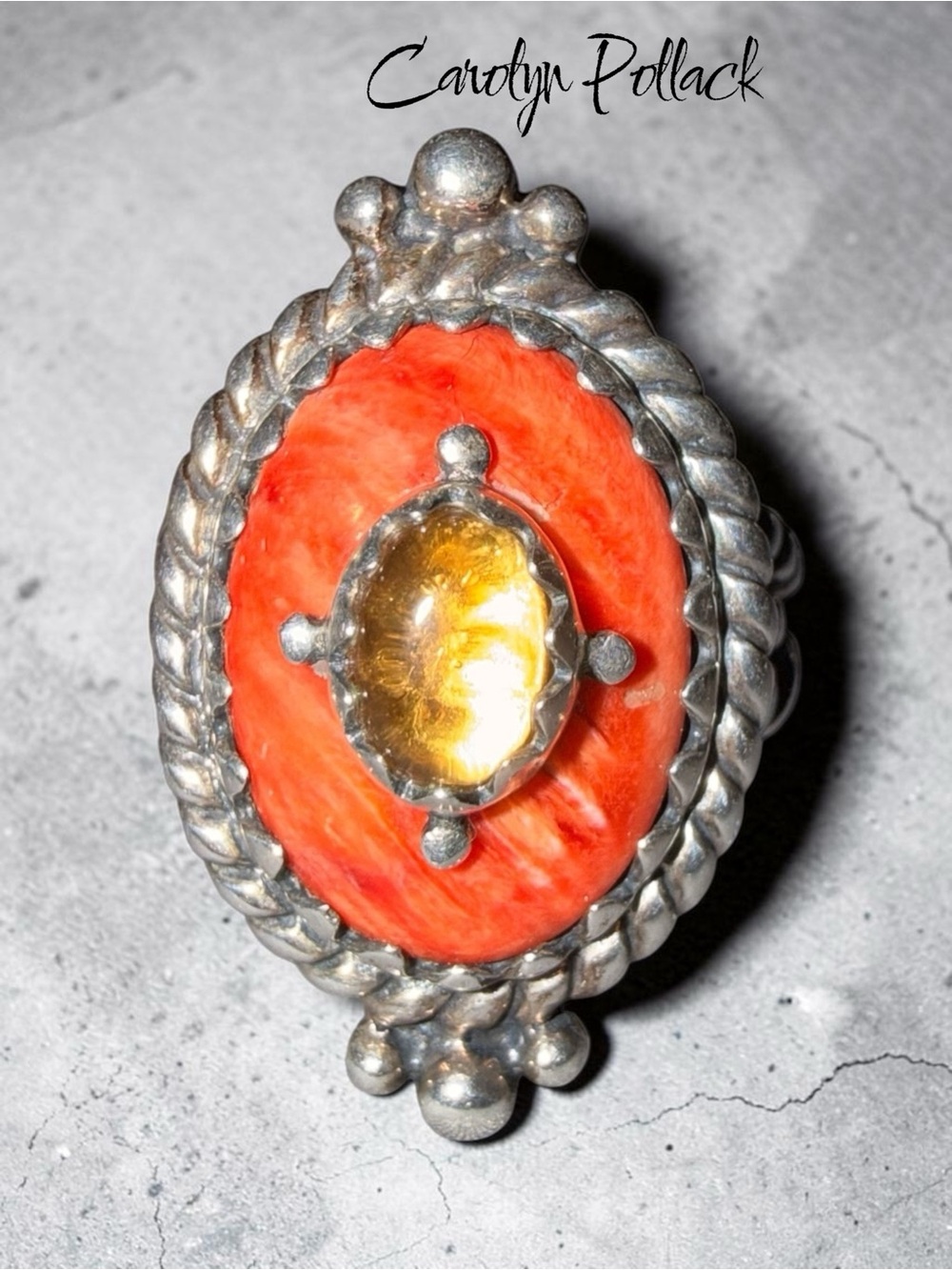 🧡 Carolyn Pollack Spiny Oyster & Amber Sterling Silver Ring — Size 10